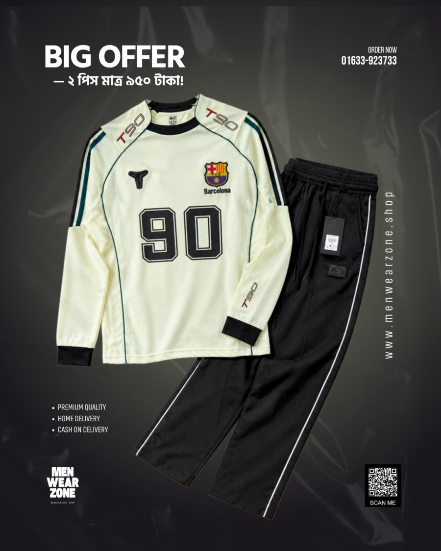 FC Barcelona Retro Kit Full Sleeve Jersey + Black Joggers Combo | MenWearZone